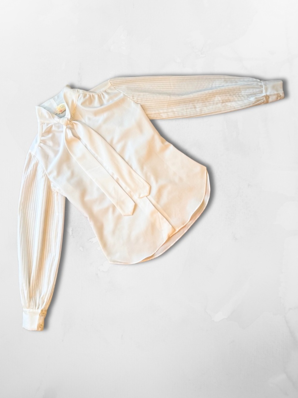 White Pussybow Blouse with Pleated Sleeves